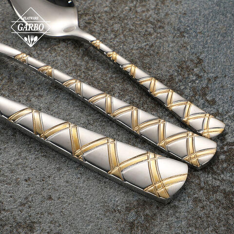 Luxury Real Gold Cutlery with Strips Patterns Design Factory Supply