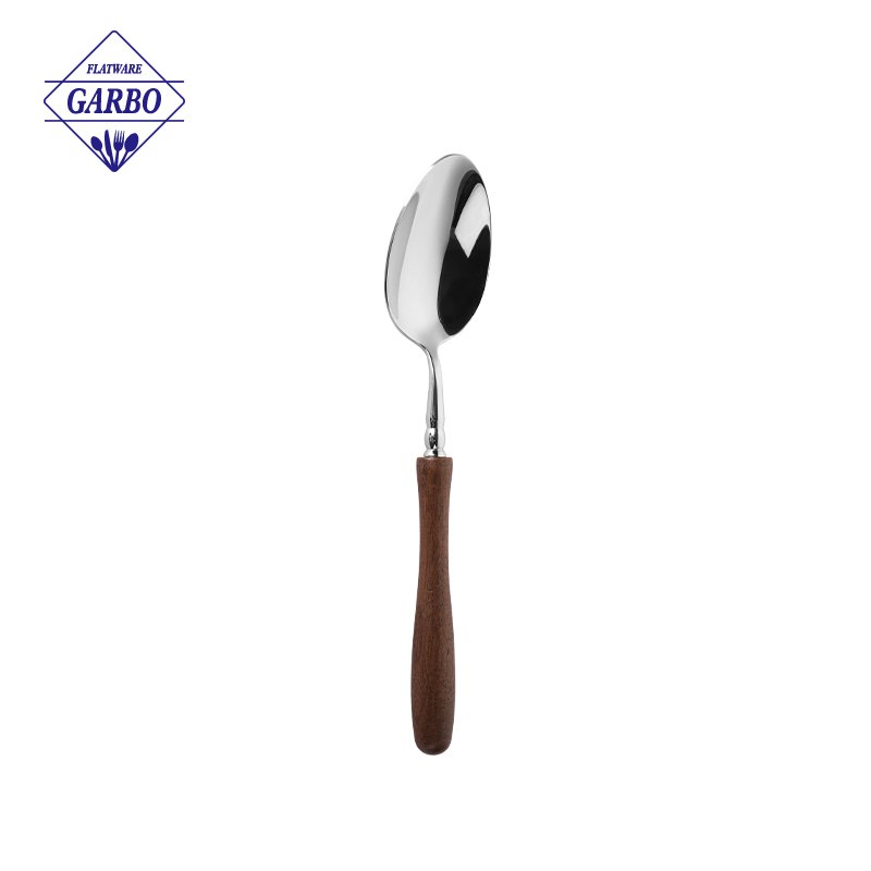 STOCK Wooden Handle 304 Stainless Steel Spoon For Wholesale Hotel Trial Order
