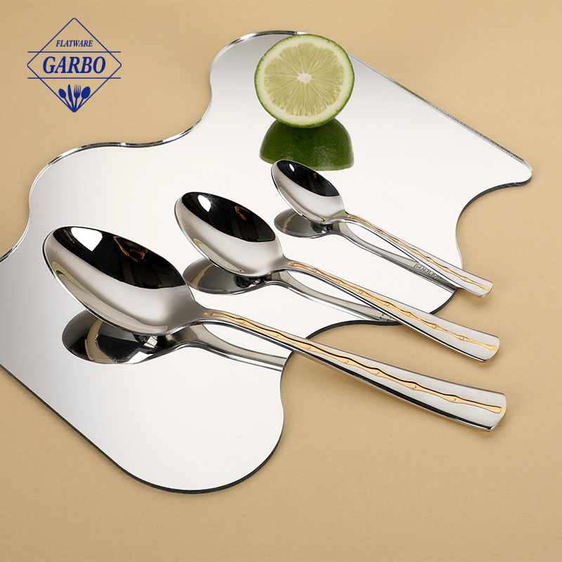 Factory Wholesale Stainless Steel Spoon With Gold Embossed Wave Handle Mirror Silver Dinner Spoon Tea Spoon Dessert Spoon Food Grade Metal Tableware Custom Logo supplier in china