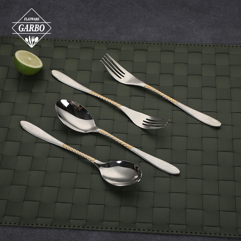 Embossed Pattern Gold Plated Handle Stainless Steel Flatware Set Luxury Western Dinner Fork Spoon Cutlery