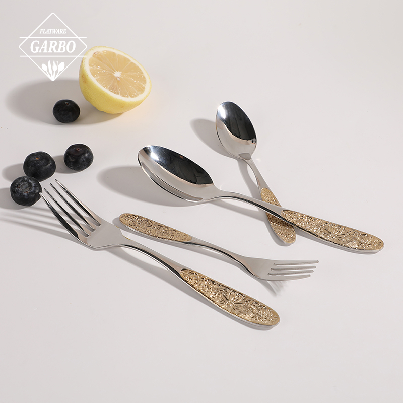 Factory Stock cutlery spoon fork with electro-plated embossed gold floral handle