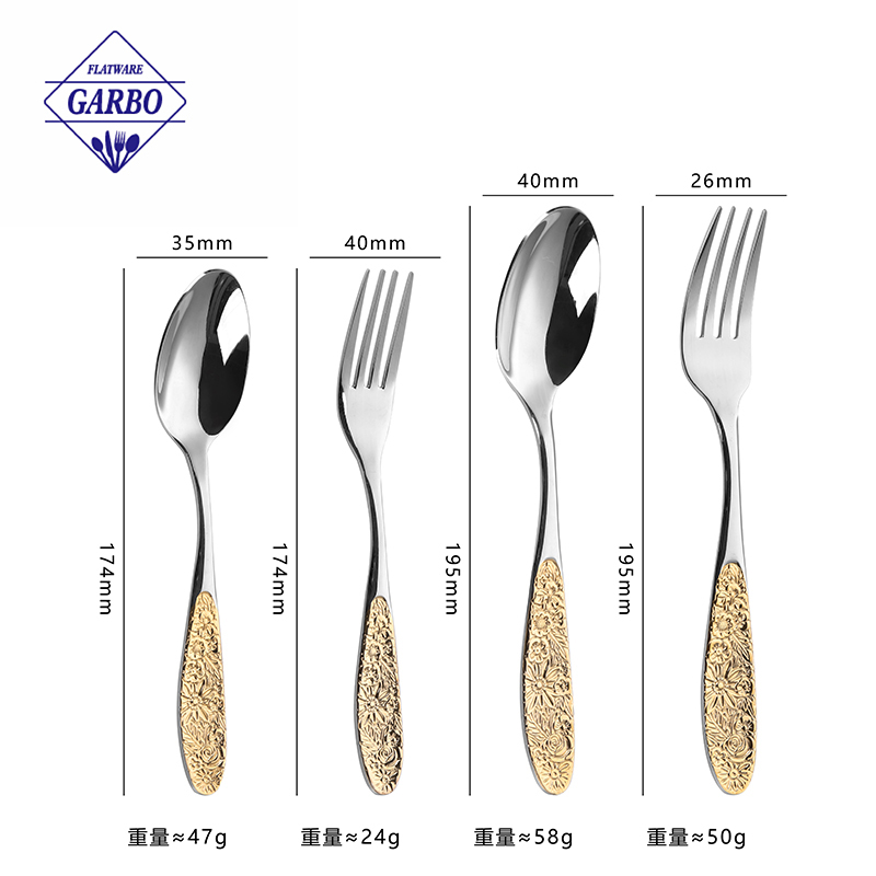 Factory Stock cutlery spoon fork with electro-plated embossed gold floral handle
