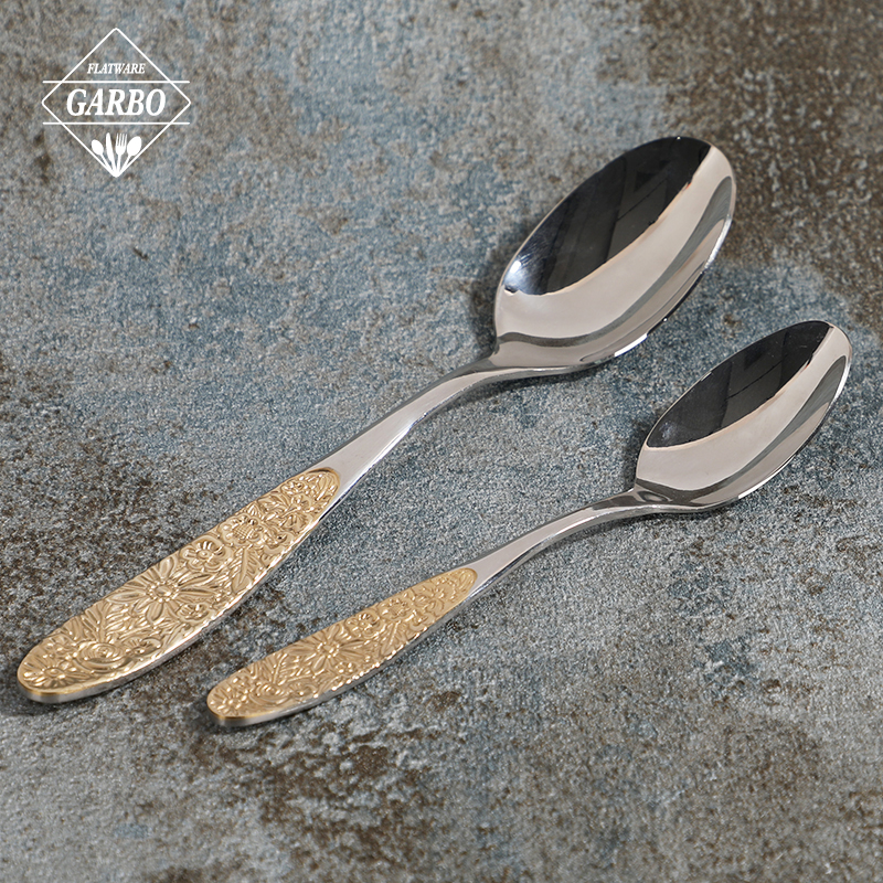 Factory Stock cutlery spoon fork with electro-plated embossed gold floral handle