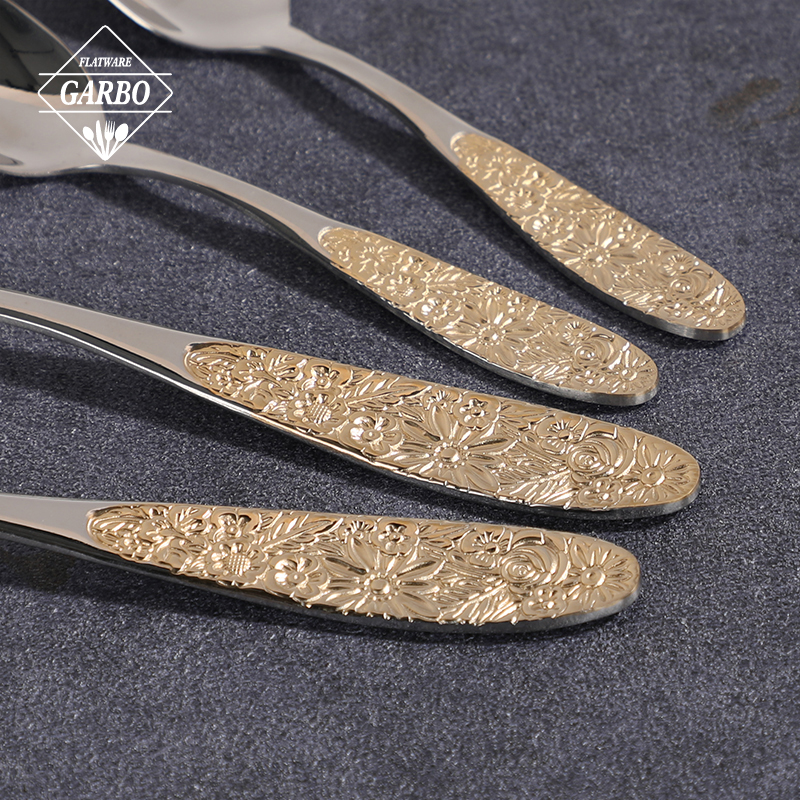 Factory Stock cutlery spoon fork with electro-plated embossed gold floral handle