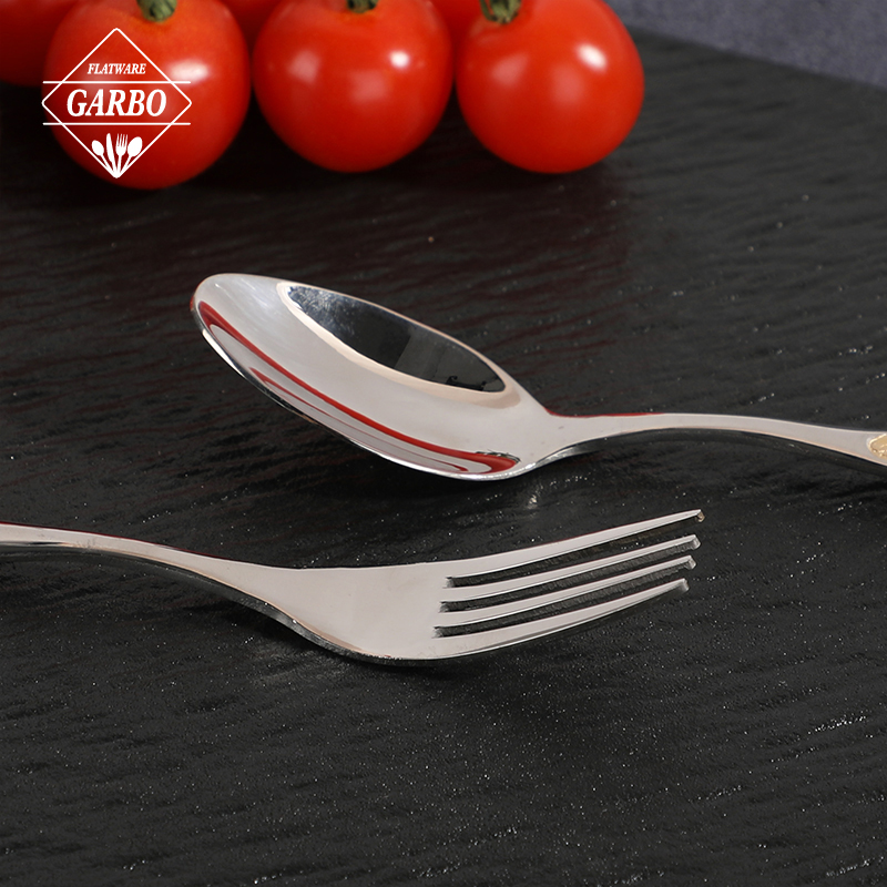 Factory Stock cutlery spoon fork with electro-plated embossed gold floral handle