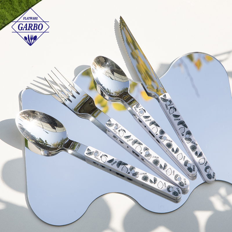 Factory Cutlery Set Stainless Steel Flatware Sets with Lemon Pattern Plastic Handle