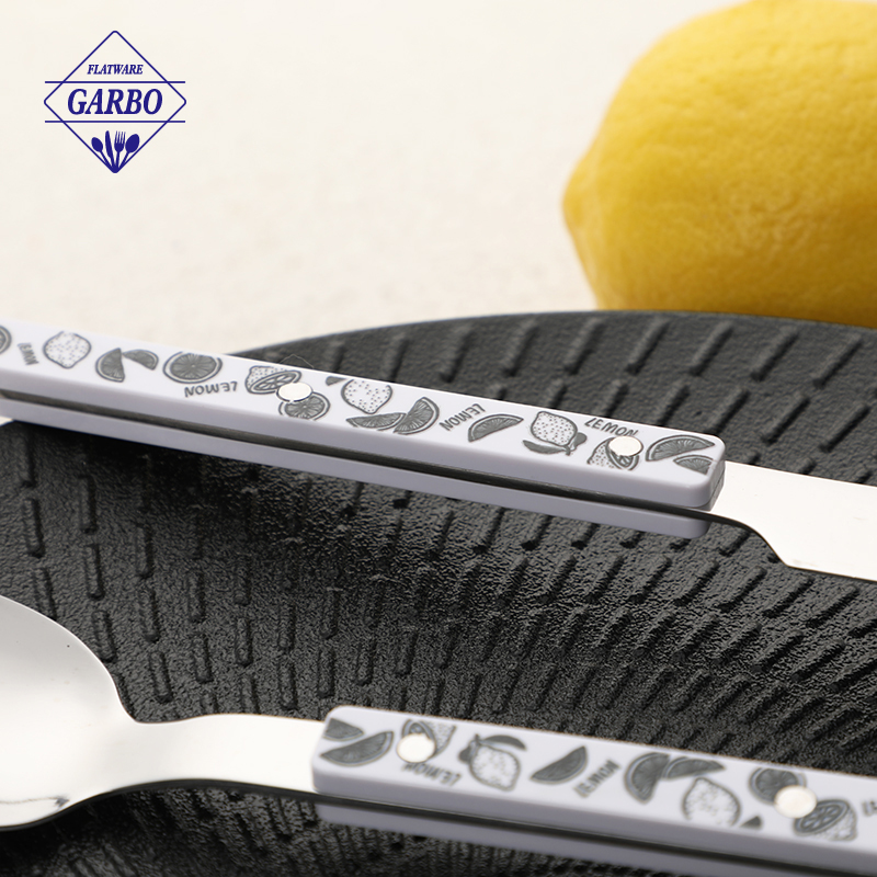Factory Cutlery Set Stainless Steel Flatware Sets with Lemon Pattern Plastic Handle