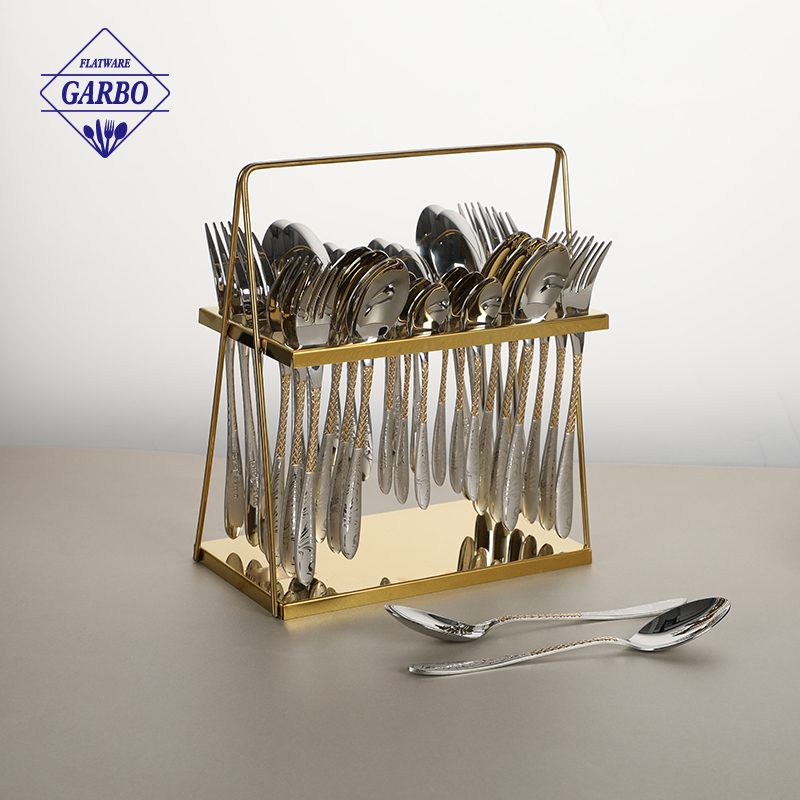 Bulk Price Gold Plating Stainless Steel Cutlery Set with Holding Shelf flatware made in America