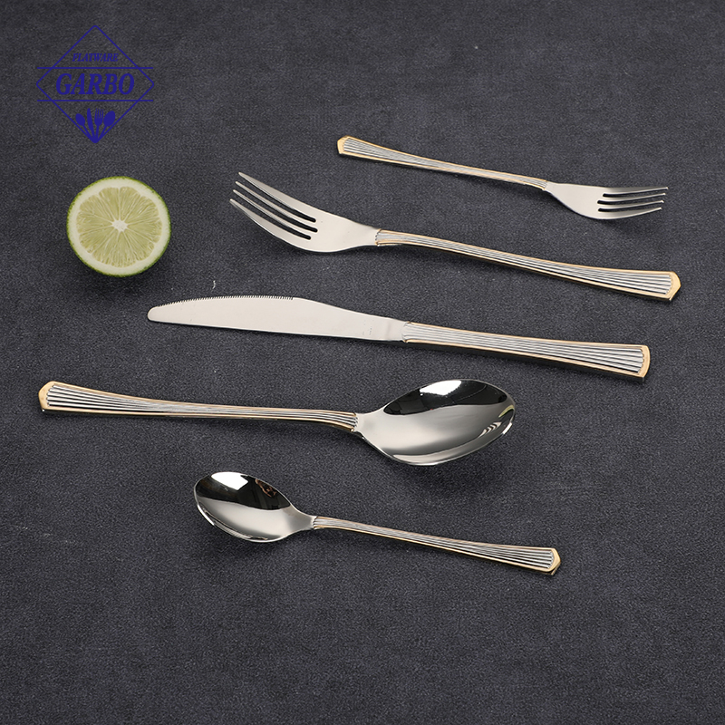 Factory Vertical Line Patter Stainless Steel Cutlery Set with Gold Plating flatware made in America