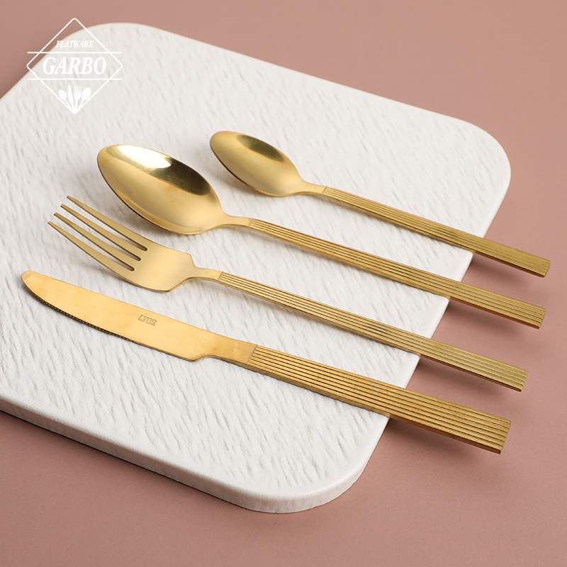 flatware wholesale suppliers Gold Color Stainless Steel Cutlery Set with Vertical Pattern for Daily-use Factory Supply for Distributor