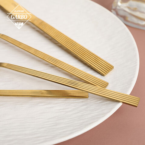 Gold Color Stainless Steel Cutlery Set with Vertical Pattern for Daily-use Factory Supply for Distributor