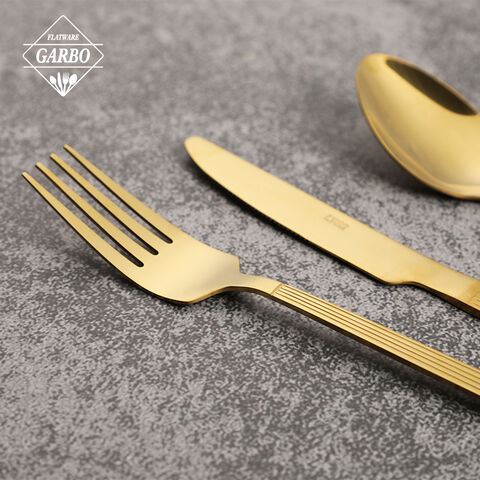 Gold Color Stainless Steel Cutlery Set with Vertical Pattern for Daily-use Factory Supply for Distributor