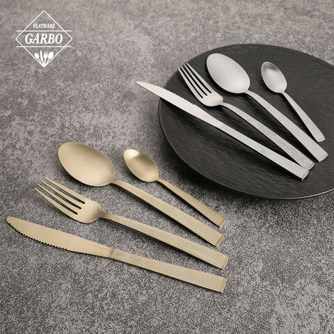 Luxury Champagne Gold Nordic Style Grid Handle Cutlery Jieyang Flatware Factory Direct